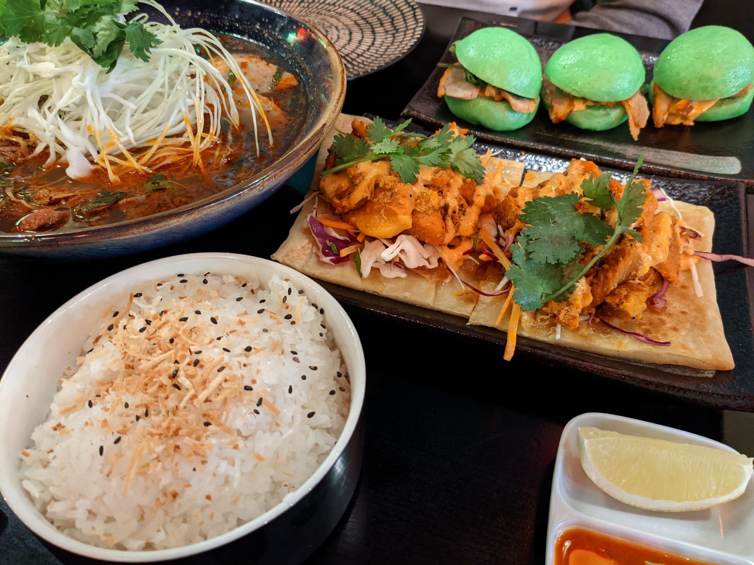 vietnamese food, coconut rice, bao bun, chicken roti and spicy beef soup